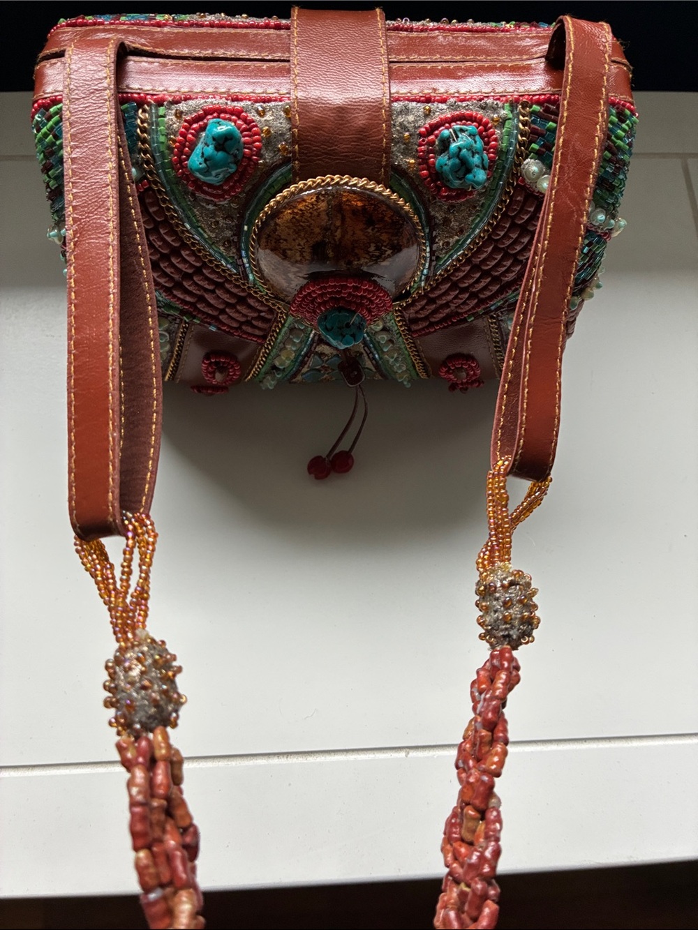 Rare Mary Frances Coral, Turquoise & Brown Beaded Embellished clutch purse - Picture 3 of 9